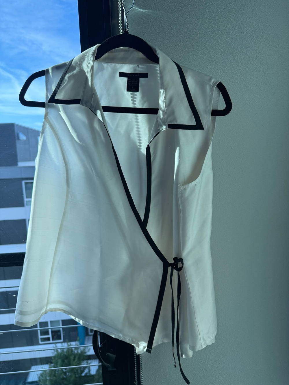 SilkLand Cream Sleeveless Wrap Blouse with Black Trim